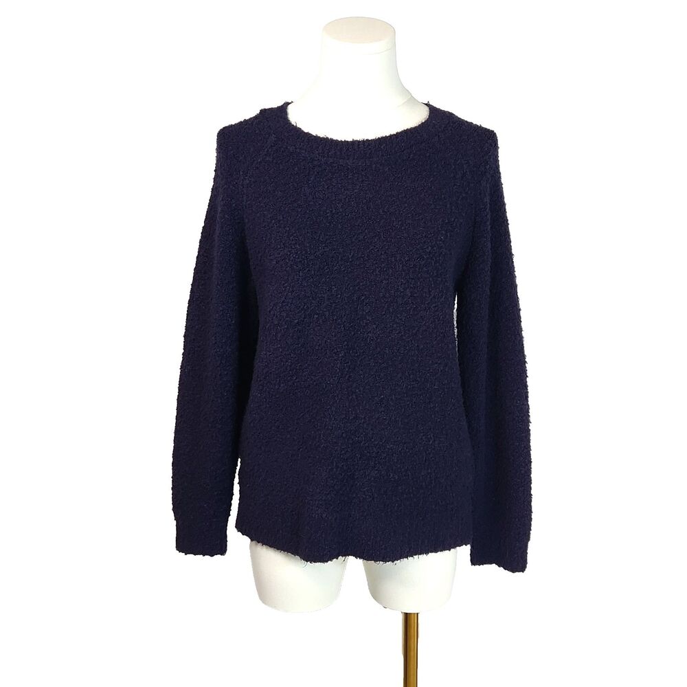 LOFT Bouclé Knit Crewneck Sweater XS Navy Blue Chunky Wool Blend Grandmacore